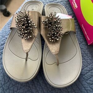 BareTraps Silver and Brown Sandals with Floral Embellishments